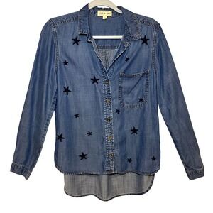 Cloth & Stone Womens Small Denim Shirt Blue Star Embroidered Long Sleeve